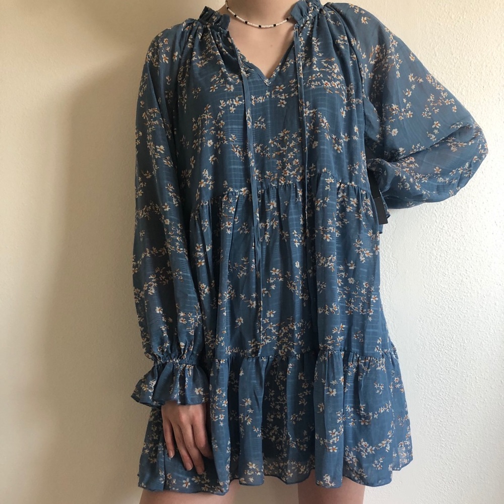 Romantic Slate Blue Floral Tiered Babydoll Dress
